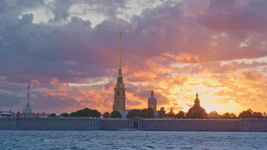 4k, Beautiful sunset over the Peter and Paul Fortress, Neva river, Saint-Petersburg, Russia | Shutterstock HD Video #1094069179