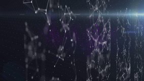 Animation of nft text with network of connections and light trails on black background. Global connections, computing and digital interface concept digitally generated video.