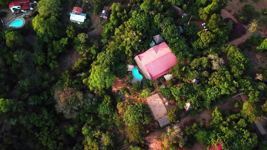 Top down View Of Backpackers Enjoying Scenic Travel In Kenya - drone shot