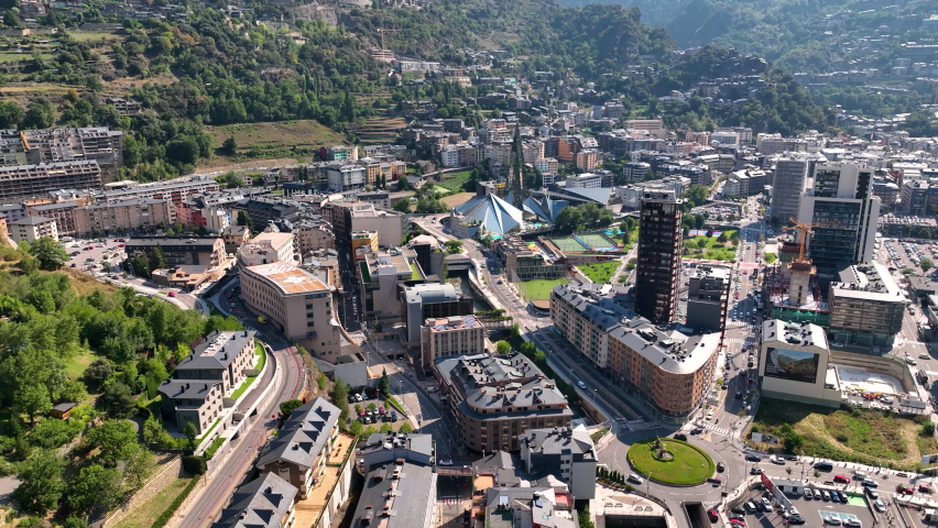 Aerial view of Andorra la Vella (Andorra la Vieja), the capital of Andorra, in the Pyrenees mountains between France and Spain Royalty-Free Stock Footage #1094089491