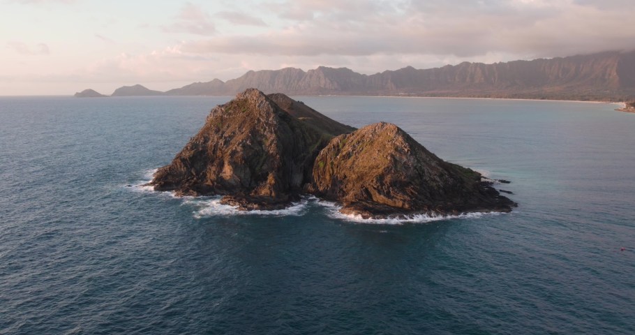 Moku Nui Islet In The Pacific Ocean At Sunset. Na Mokulua Islands In Oahu, Hawaii. aerial