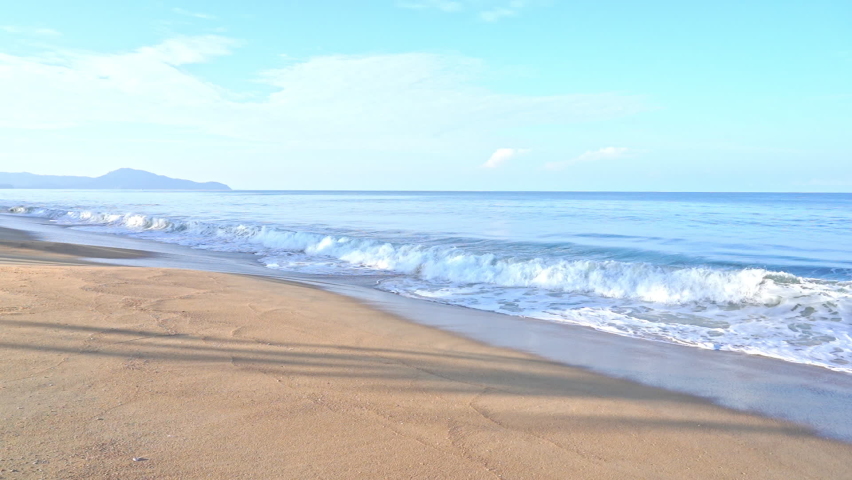 Caribbean Sea Waves Breaking on Long Empty Sandy Tropical Beach, Slow Motion