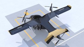 Black Electric VTOL passenger aircraft charging on the station. Airport background. 3D rendering animation. - Powered by Shutterstock - Get 15% off with code: PIKWIZARD15