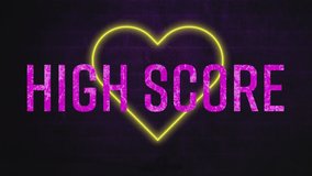 Animation of pink high score text banner over neon yellow heart icon against grey brick wall. Social media networking technology concept - Powered by Shutterstock - Get 15% off with code: PIKWIZARD15