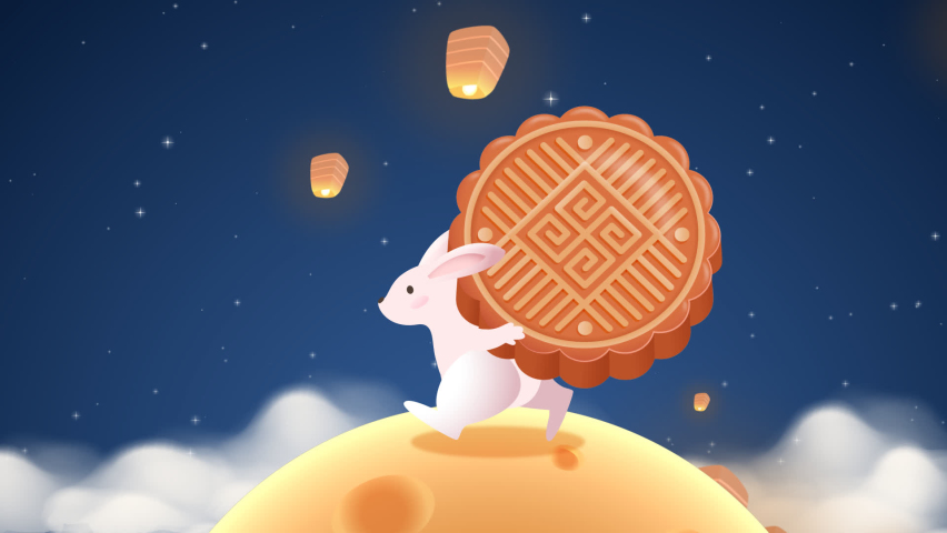 Rabbit carries a mooncake. Lantern fly in the sky. Mid autumn festival concept. Background animation. Motion graphic Royalty-Free Stock Footage #1094099915