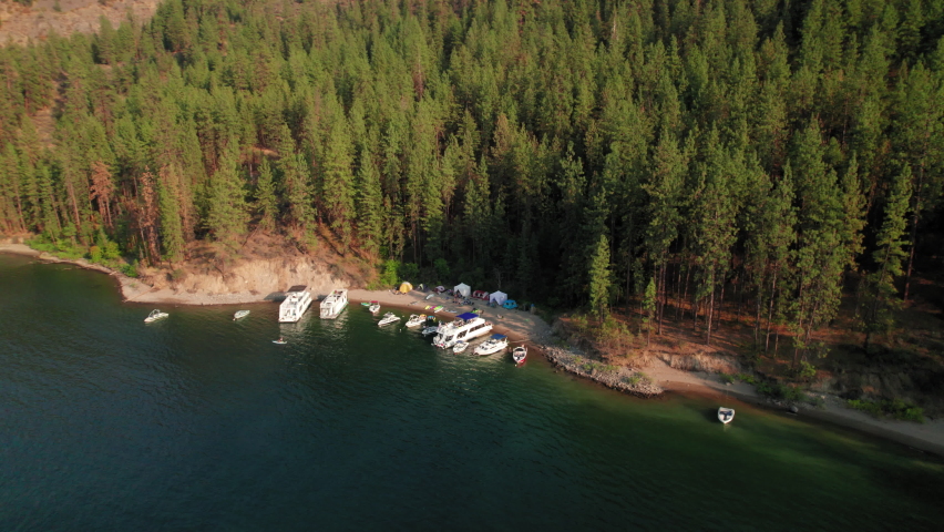 Amazing Aerial View of Boat Access Beach Campsite at Lake Roosevelt Washington