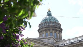 Close-up view of Kazan Cathedral (or Kazanskiy Kafedralniy Sobor) dome in Saint Petersburg, Russia. Blurred lilac flowers in the foreground. Zoom in. Real time video. Religious architecture theme.