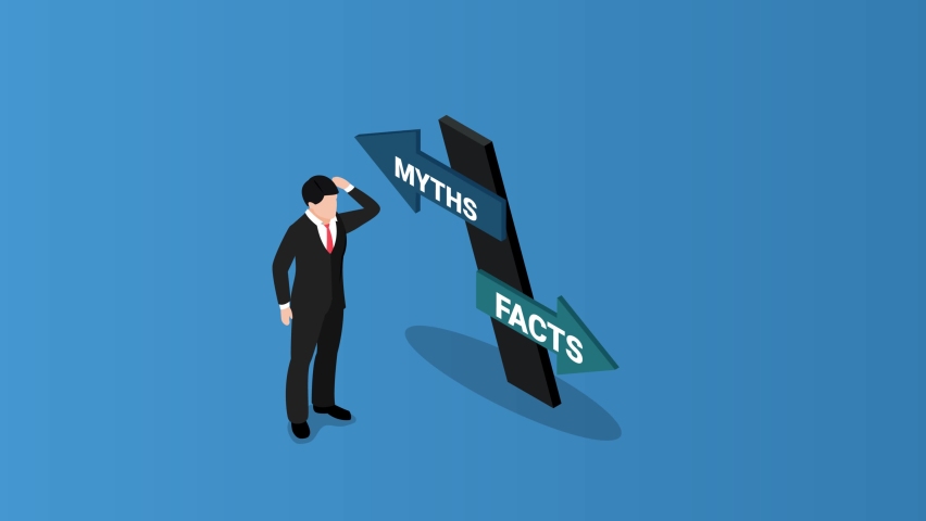Businessman animation looks confused while standing between myths or facts directions on the sign road. Cartoon in 4k resolution | Shutterstock HD Video #1094103183