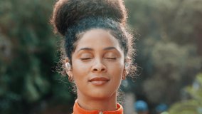 Meditation podcast, happy and breathing with woman for peace, calm and quiet spiritual wellness. Portrait breathe, fitness or yoga with young female and zen exercise practice outdoor nature park - Powered by Shutterstock - Get 15% off with code: PIKWIZARD15