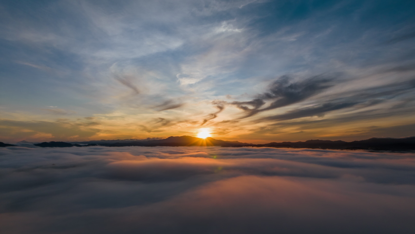 4K Hyperlapse aerial view drone flying over sea of fog at sunrise, Khoa Khai nui mountain, Phang Nga, Thailand
 Royalty-Free Stock Footage #1094107411