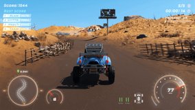 Racing the buggy car in the new mobile game. Driving the blue car on the desert map in mobile racing game. Winning the difficult challenge of the mobile racing game. Drift. Score. Victory screen.