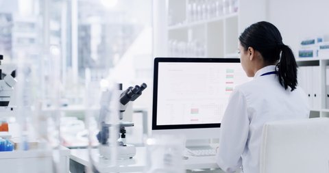 Science, medicine and computer with a doctor or scientist doing research for health in a lab with a microscope. Healthcare, innovation and medical breakthrough in a pharmaceutical laboratoryの動画素材