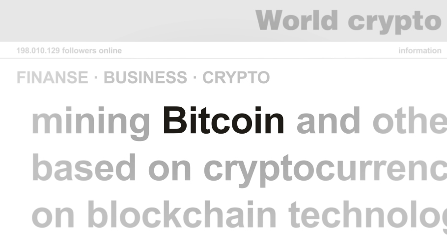 Headline news across international media with Bitcoin cryptocurrency and blockchain. Abstract concept of internet news titles on screens loop. Seamless and looped animation.