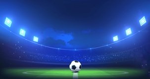 Spinning football sphere with copy space for soccer information on football stadium background. 4K Video motion graphic animation