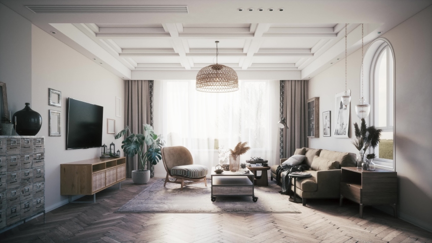 Modern interior design in scandinavian style. Cozy living room in Scandinavian design. 3d visualization | Shutterstock HD Video #1094118153
