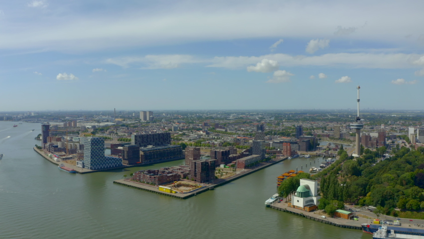 Establishing drone shot of Euromast and Schiemond Rotterdam Netherlands