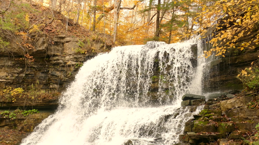 Picturesque Lower Decew Falls Cascading On Rugged Cliff During Autumn In Ontario. static