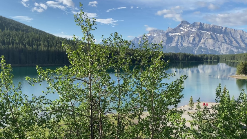 Two Jack Lake in Banff National Park, panning shot to the side