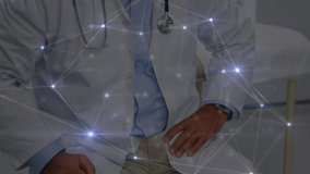 Animation of network of connections with light spots over caucasian male doctor. Global medicine, connections and digital interface concept digitally generated video.