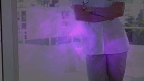 Animation of purple light trails over caucasian female doctor. Global medicine, connections and digital interface concept digitally generated video.