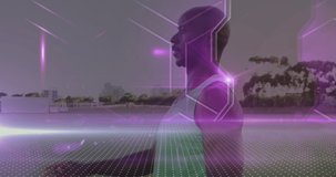 Animation of shapes and light trails over african american man running. Global sport, connections and digital interface concept digitally generated video.
