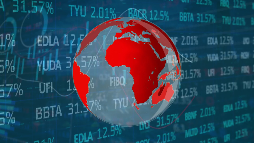 Animation of rotating globe and trading board over infographic interface in background. Digitally generated, hologram, globalization, reports, finance, stock market, business and technology concept. - Powered by Shutterstock - Get 15% off with code: PIKWIZARD15