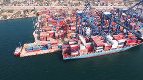 container port and ship, aerial container port and cargo ship
