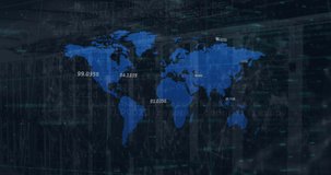 Animation of financial data processing over world map against empty computer server room. Global finance and business data storage technology concept - Powered by Shutterstock - Get 15% off with code: PIKWIZARD15