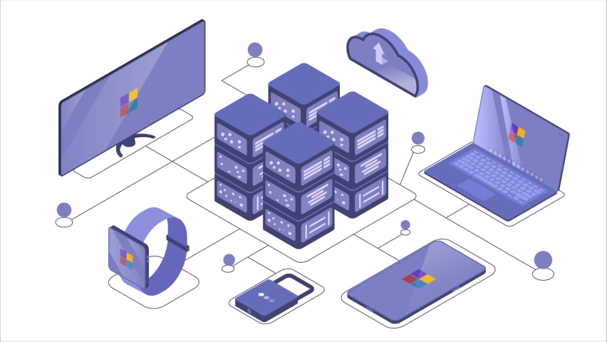 Cloud computing technology video concept. Database or cloud storage for transferring information to different digital devices. Sharing and synchronization gadgets. Isometric graphic animated cartoon