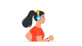 Audio podcast or online show video concept. Young moving woman in headphones running outdoors and listening to radio, music or live broadcast. Lecture or entertainment. Flat graphic animated cartoon