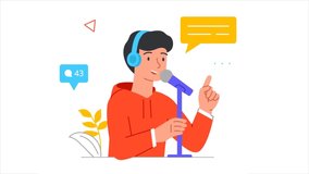 Audio podcast or online show video. Moving male blogger or radio presenter in headphones communicates with audience. Studio with microphone for recording live broadcasts. Flat graphic animated cartoon