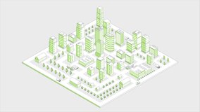 Isometric city map video concept. Moving banner with cityscape, houses, buildings, skyscrapers, roads, cars and vehicles. Modern urban architecture and infrastructure. 3D graphic animated cartoon