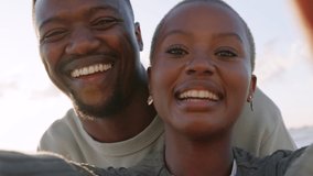 African couple taking selfie at the beach, streaming video for social media and happy on call at nature holiday by the sea in Mexico. Face portrait of happy, influencer and travel man and woman - Powered by Shutterstock - Get 15% off with code: PIKWIZARD15