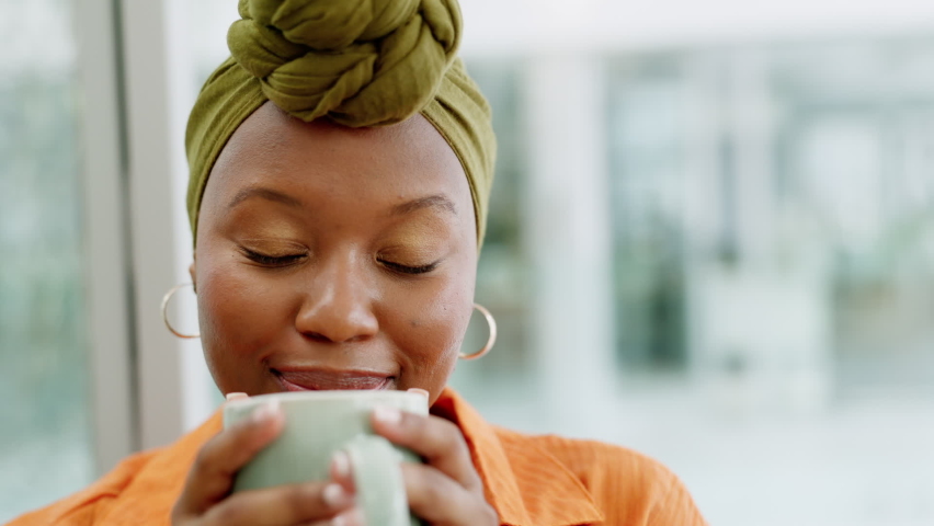 Coffee drink, relax and black woman in house, happy with tea and motivation in the morning. Face of African girl smelling latte, smile with vision and happiness thinking with cappuccino in home Royalty-Free Stock Footage #1094146783