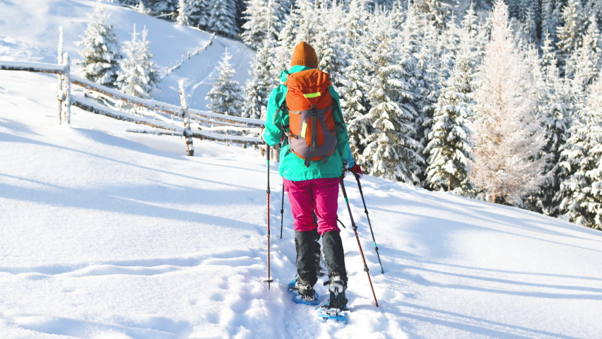 two girls with backpacks walk through the snow among the trees. winter hiking in the mountains. adventure in the mountains.