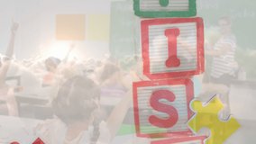 Animation of colourful puzzle pieces and autism text over schoolchildren with teacher. autism, learning difficulties, support and awareness concept digitally generated video. - Powered by Shutterstock - Get 15% off with code: PIKWIZARD15