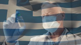 Animation of flag of greece waving over doctor wearing face mask and holding vaccine. global medicine, healthcare services during covid 19 pandemic concept digitally generated video.