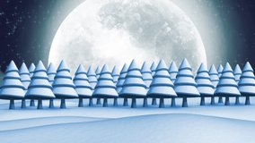 Animation of santa claus in sleigh with reindeer moving over winter landscape and moon. christmas, tradition and celebration concept digitally generated video.