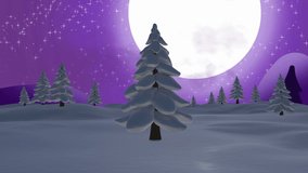 Animation of santa claus in sleigh with reindeer moving over winter landscape and moon. christmas, tradition and celebration concept digitally generated video.