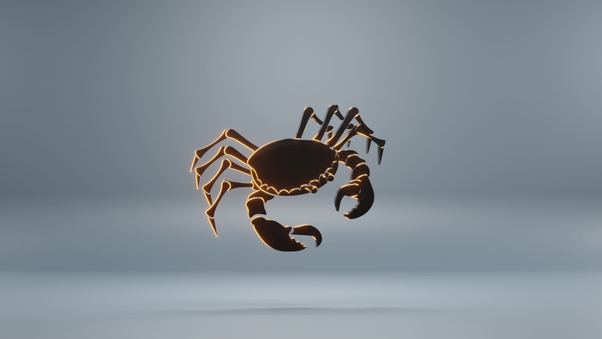  Beautiful black zodiac sign Cancer with yellow light symbol icons on a blue background. 3d rendering illustration. Background pattern for design.Loop video.