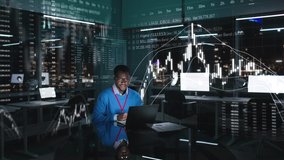 African-American trader work on computer in night office with stock market holograms around. Trader buy and sell shares on laptop - Powered by Shutterstock - Get 15% off with code: PIKWIZARD15