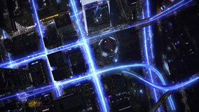 
Overhead Close up Aerial View of Smart City With  Connected Speed Neon Line Lights. Line Trail Flashing In Streets And Avenues. Downtown Los Angeles. - Powered by Shutterstock - Get 15% off with code: PIKWIZARD15