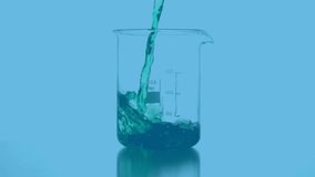 Animation of rotating shapes over fluid pouring into measuring cup on blue background. chemistry and science concept digitally generated video.