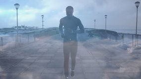 Animation of network of connections over fit african american man jogging on pier. healthy active lifestyle and global networks concept digitally generated video.