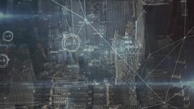 Animation of network of connections and data processing over cityscape. global connections and digital interface concept digitally generated video.