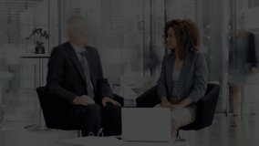 Animation of financial data processing over timelapse with businessman and businesswoman in office. global business, finances and data processing concept digitally generated video.