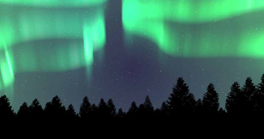 Animation of aurora borealis glowing over fir trees covered in snow in winter. winter, nature, christmas and colour concept digitally generated video.
