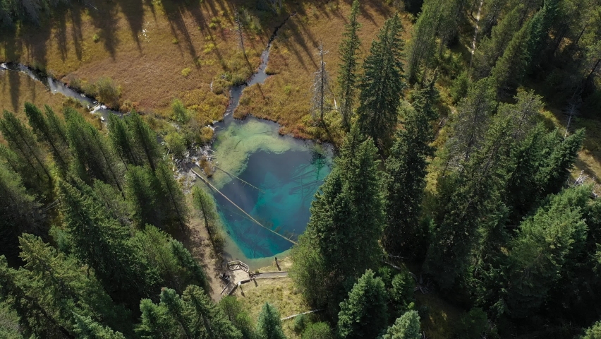 Aerial cinematic drone orbit of Little Crater Lake in Oregon.