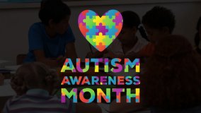 Animation of multi coloured puzzle elements forming heart Autism Awareness Month symbol with children in the background. Autism awareness support concept digital composite. - Powered by Shutterstock - Get 15% off with code: PIKWIZARD15