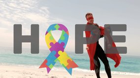 Animation of multi coloured puzzle elements forming ribbon Autism Awareness Month symbol with word Hope father in superhero cape carrying his son. Autism awareness support concept digital composite. - Powered by Shutterstock - Get 15% off with code: PIKWIZARD15